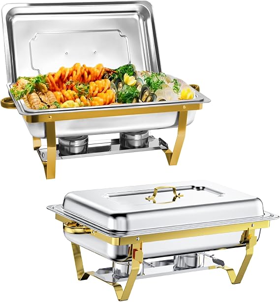 Chafing Dish Buffet Set 2 Pack 8 QT, Stainless Steel Gold Rectangular Buffet Servers and Warmers,Chafers for Catering, Food Warmer for Parties, Buffets, Banquet