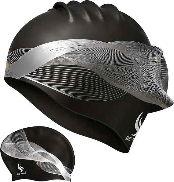 BENICE Black Extra Large Swim Cap for Women Men, Durable Silicone Swimming Hat with Ear Protection, Unisex Adults Bath Swimming Caps for Long Thick Curly Hair & Dreadlocks Braids Weaves Afro Hair