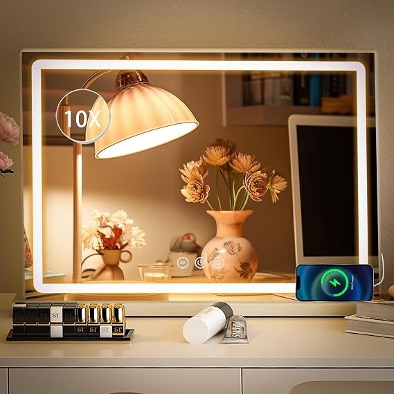 Hollywood Vanity Mirror with LED Lights, 3 Color Modes Large Makeup Mirror with light, USB, Touchscreen Control, Tabletop Mirror for Dressing table, 80x55CM, White