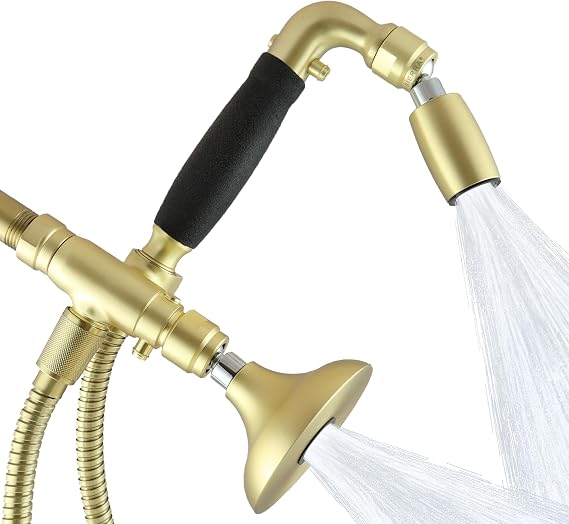 High Sierra - Solid Lead-Free Metal 4-Way Combo HALF DOME Fixed and Handheld Shower Head with Hose. Run Separately or Both at Full Flow - 1.25 GPM per Shower Head - Brushed Gold Finish