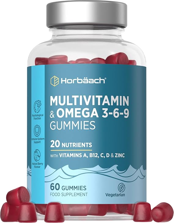Multivitamin Gummies with Omega 3 6 9 | 60 Count | 20 Nutrients with Vitamin A, B12, C, D & Zinc | Vegetarian Friendly Formula for Adult Men and Women | By Horbaach