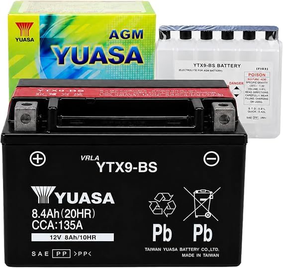 Yuasa Taiwan YTX9-BS Maintenance Free AGM Battery 12V 8Ah High Performance Powersports Replacement for Motorcycles, ATVs, Scooters, Snowmobiles