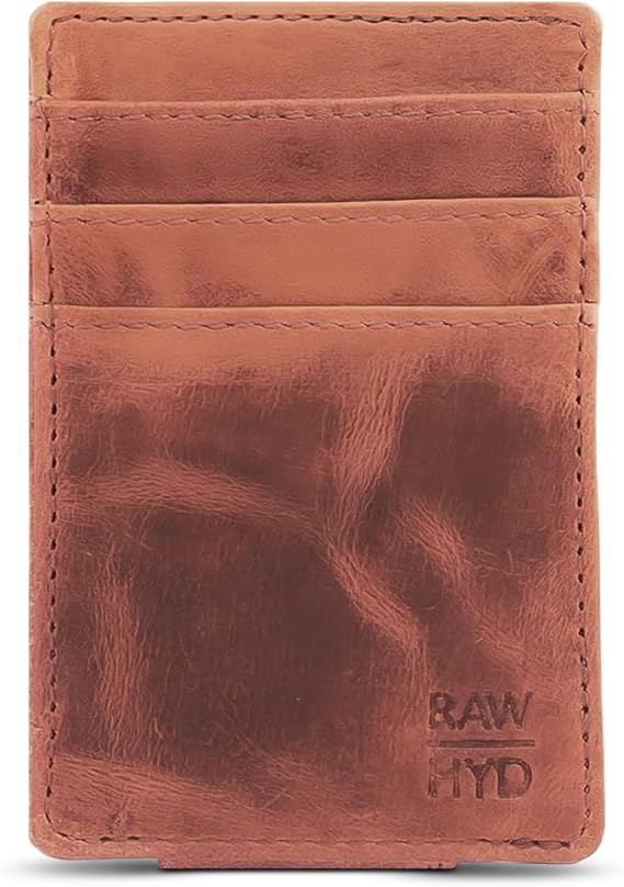 RAW HYD Men's Full-Grain Leather Slim Wallet with Money Clip - RFID Blocking, 5 Card Sleeves, Holds 15 Bills, Compact & Durable - Hunter Brown