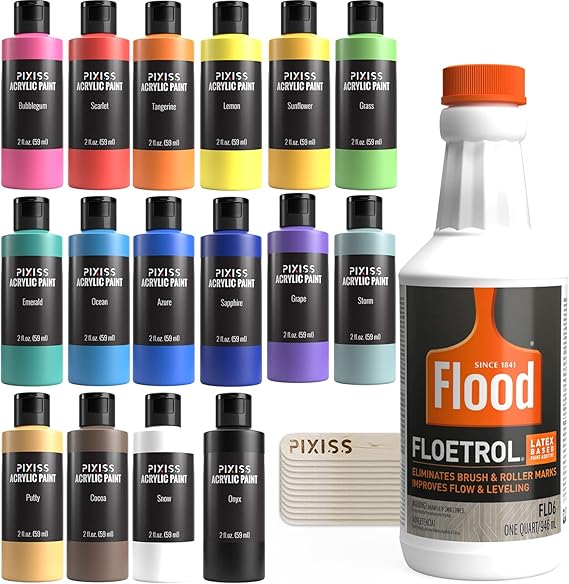 Floetrol For Acrylic Paint Pouring Kit, Flotrol Acrylic Pour Medium Additive, 16 Acrylic Pouring Paints, 20 Pixiss Wood Mixing Sticks