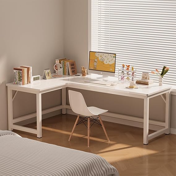 Desk, Computer Desk, With Rack, Gaming Desk, L-Shaped, Corner Desk, With Movable Storage Shelves, Desk, Computer Desk, Office Desk, Study Room, Home Work, Easy Assembly, Vintage - White Width