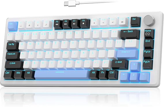 MageGee 75% Mechanical Gaming Keyboard, Compact Blue Backlit Wired Gaming Keyboard with Brown Switches, EVA Foam, Knob Control, STAR75 Portable NKRO PC Gaming Keyboard - White & Blue