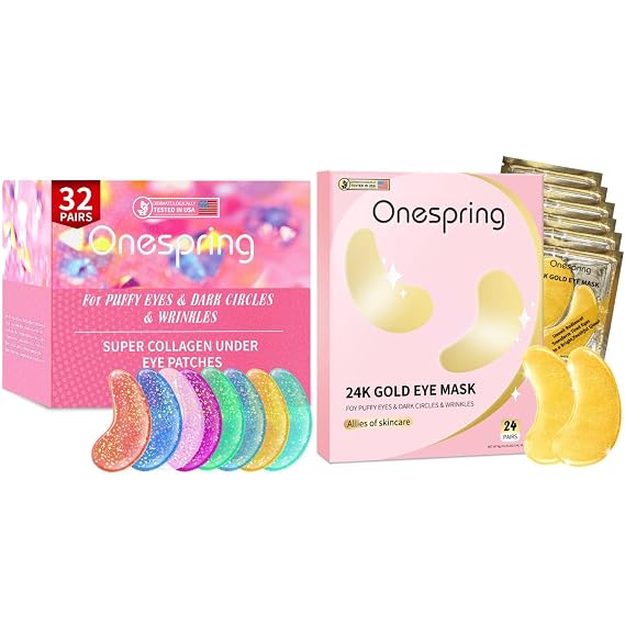 Onespring Luxury Collagen Eye Patch 32 Pairs & 24K Gold Eye Mask 24 Pairs - for Dark Circles, Puffy Eye Bags and Fine Wrinkles, Revitalize Eyes, Women's Skin Care, Bridesmaid Intimate Gift