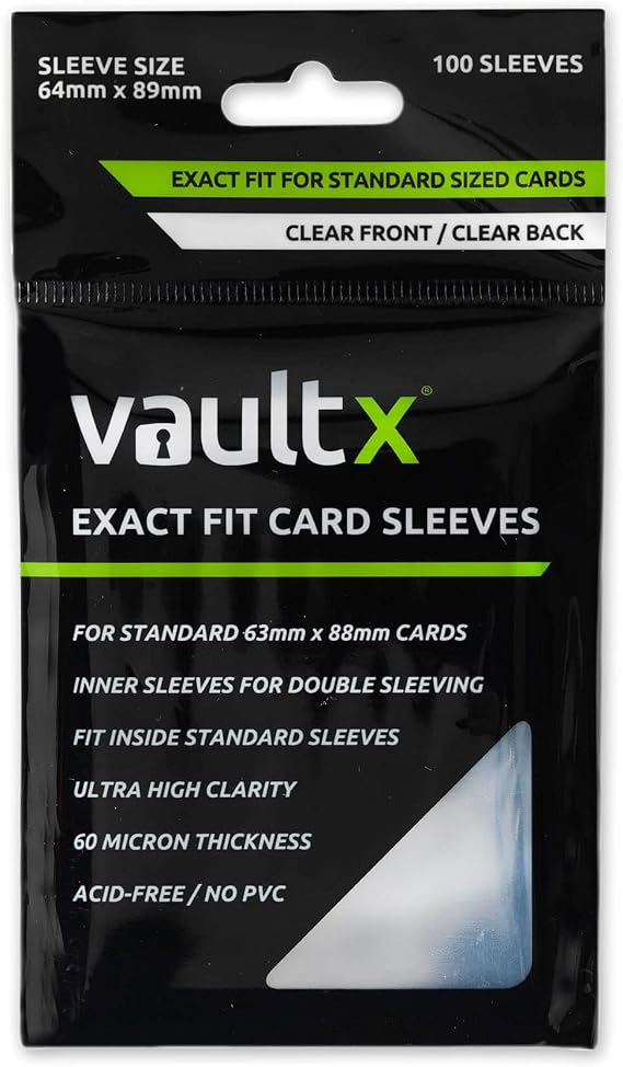 Vault X Exact Fit Inner Sleeves (100 Pack) Clear for Trading Cards | Double-sleeve cards inside toploaders & holders. Perfect-fit clear inner sleeves, acid-free. 100-pack, archival-safe.