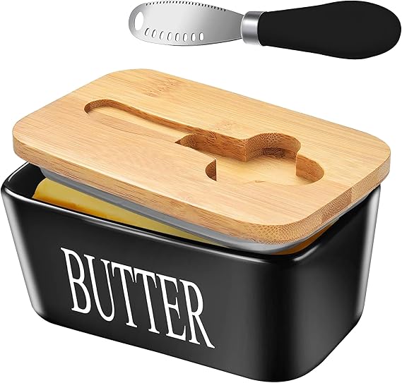 Large Butter Dish with Lid for Countertop Ceramic Butter Container with Knife Holder Spreader Double Silicone Seals Butte Keeper Rectangle Black