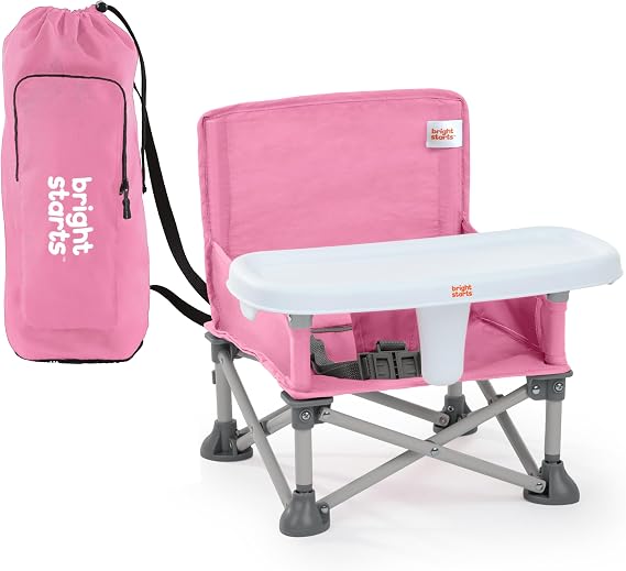 Bright Starts Pop 'N Sit Portable Booster, Indoor/Outdoor Use, Floor Seat with Feeding Tray, Pink, 6 Mos - 3 Yrs