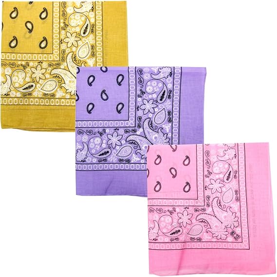 Paisley 3 piece Assorted Cotton Bandanas (Beige/Lavender/Pink)