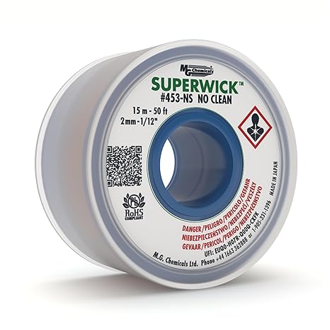 MG Chemicals 453-NS Desoldering Braid #3 No Clean Super Wick Desoldering Braid, 0.075" Width x 50' Length, Green