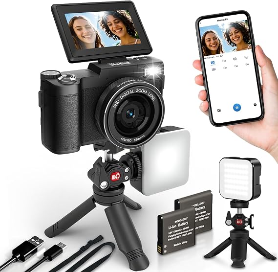 5K Digital Camera for Photography with WiFi, Flip Screen | 64MP Vlogging Camera for YouTube, Auto-Focus, Slow Motion, Selftimer, Webcam, with Selfie Light, Desktop Tripod, Batteries