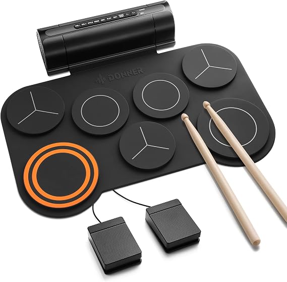 Donner Roll-Up Electronic Drum, Portable Drum with Built-in Speaker, 2-Way Power Supply, MIDI Recording Function, 12 Demo Songs, 9 Rhythms, Foot Pedal, Stick, Audio & USB Cable, Japanese User Manual