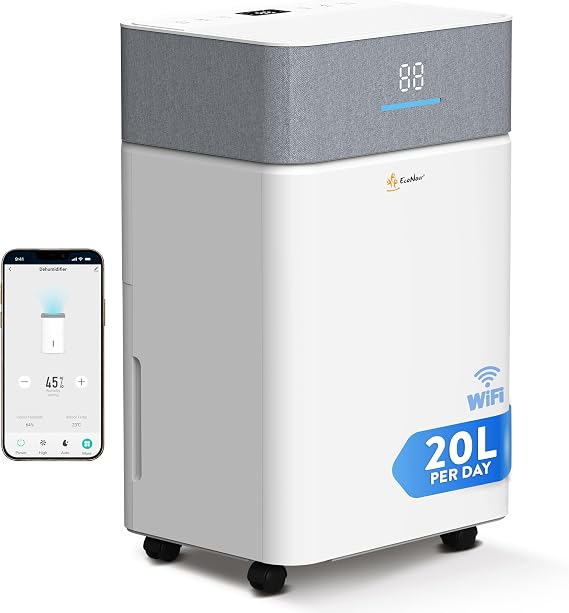EcoNour 20L/Day Smart WiFi Dehumidifier for Home | Auto-Humidity Control | 4.5L Tank Laundry Dry Mode, 24-Hr Timer | Child Lock Protection | Continuous Draining with smart app for Home Bedroom