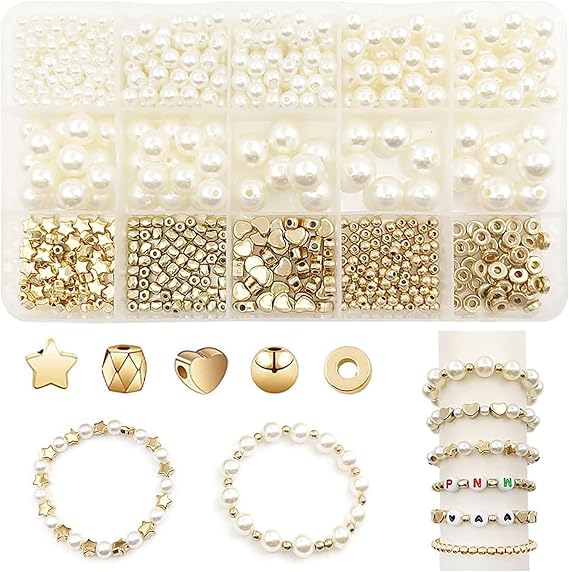 Xspring Intermediate Bead Sets, Bracelet Beads and Pearl 15 Grids 720 Pieces Small Smooth Beads Gold Star Beads Round Disc Beads, Pearl Bead Jewelry Making Kits DIY Crafts