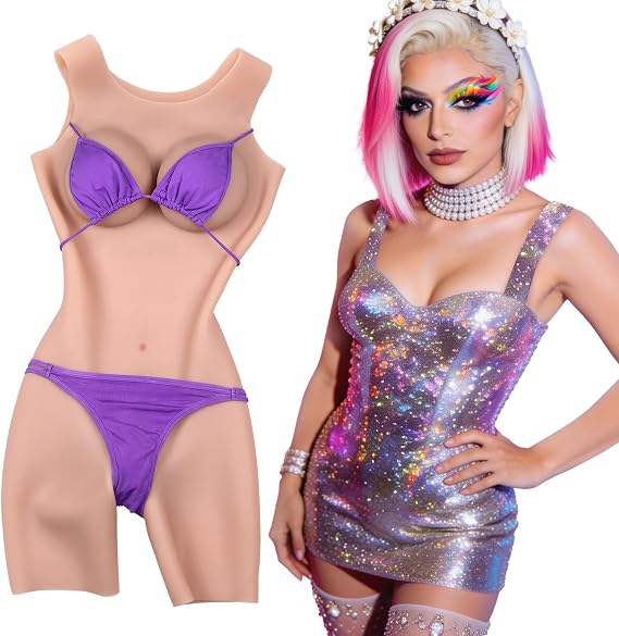 Round Neck Mtf Bodysuit Silicone Female Body Suit for Crossdress Trans Drag with Gel-Fill Breast & Insertable Pant