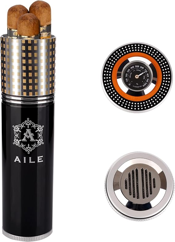 AILE Travel Cigar Humidor for 3-4 Cigars Portable Airtight Cigar Case Tube with Hygrometer & Humidifier, Aluminum Alloy Cigar Holder Gift for Men Black