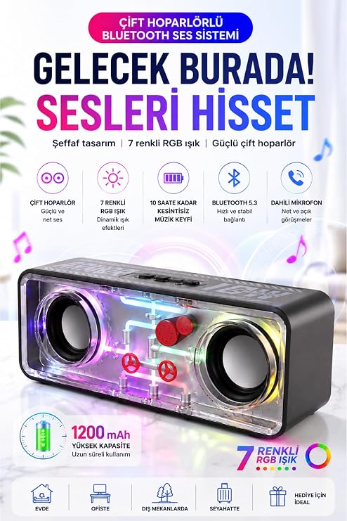 Matechno 10W RGB Bluetooth Hoparlör, Taşınabilir Müzik Kutusu, SD-AUX Bağlantı, Sese Duyarlı RGB Modlu, Siyah