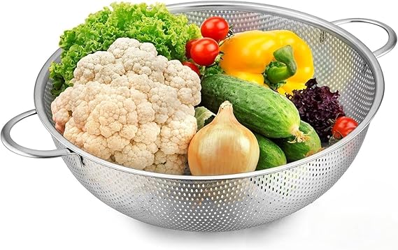Orret Home Stainless Steel Pedestal Double Handle Strainer – Metal Vegetable, Fruit and Brass Washing Strainer for Kitchen, Metal Strainer with Durable Legs (28 Cm)