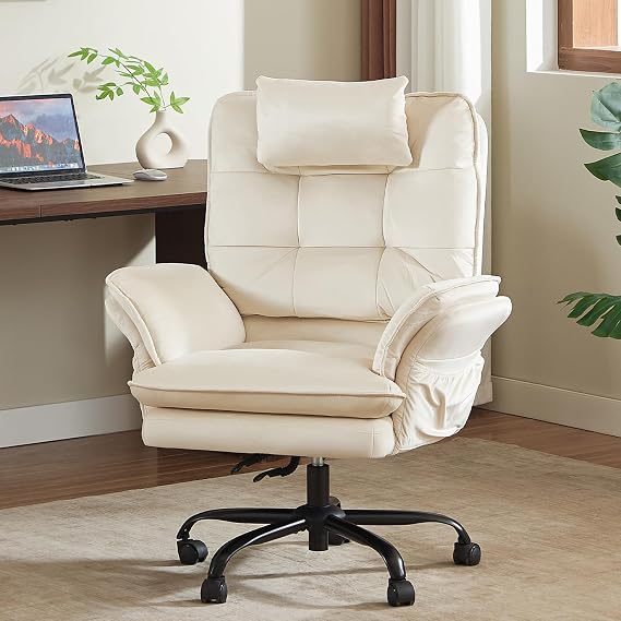 Bestier Swivel Executive Chair with Wheels and Headrest, Velvet Beige