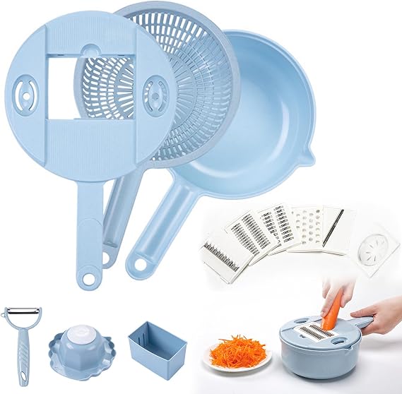 Vegetable Cutter with Container, 12 in 1 Multifunctional Vegetable Slicer, Vegetable Slicer, Fruit Cutter, Kitchen Grater, Stainless Steel Blades with Drain Basket