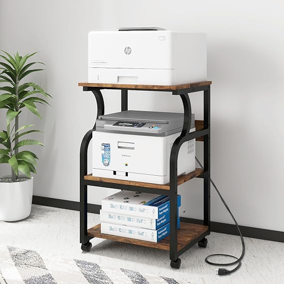 Natwind 3 Tier Printer Stand, 19.7"x15.7", with Charging Station,Retro | Rolling Printer Table Cart with Adjustable Shelf for Home Office,Fits Two Printers,1''x1'' Thick Steel Tube,Supports 240lbs
