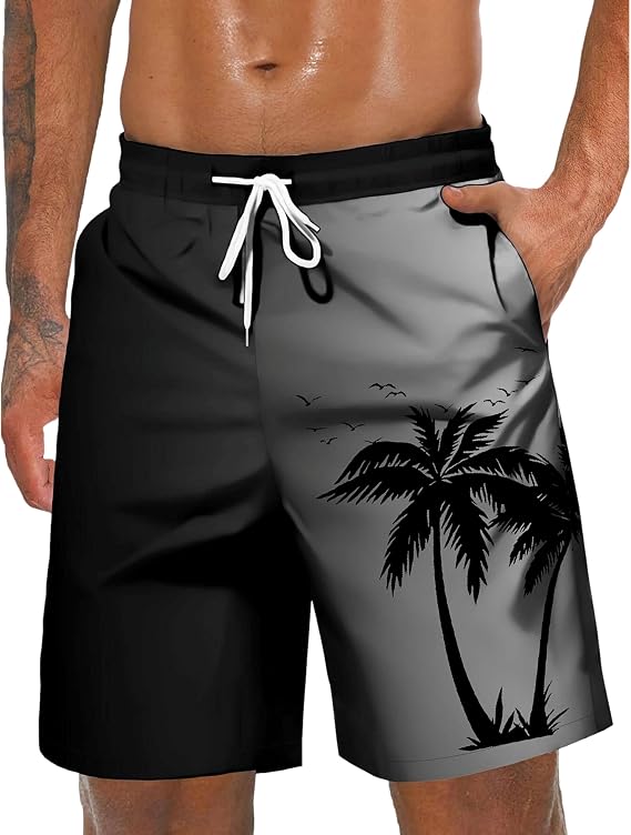 Hodaweisolp Men's Swim Trunks Palm Coconut Tree Print Hawaii Holiday Board Beach Shorts with Pockets