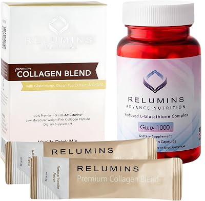 Relumins Premium Collagen & Advanced Gluta-1000 Bundle - 10 Sachets of Marine Collagen Vanilla Flavor  60 Vegetarian Capsules - Supports Healthy Radiant Skin