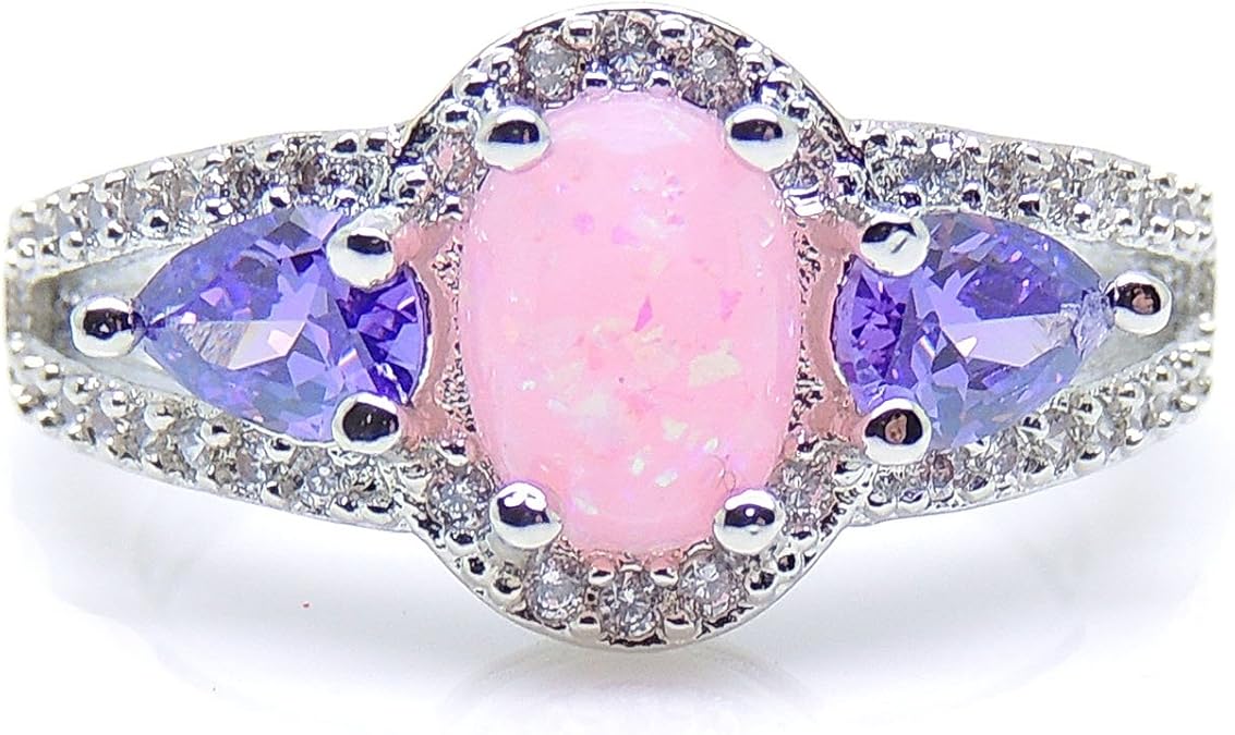 Chelsey Engagement Ring for Women by Ginger Lyne | Pink Oval Simulated Fire Opal with Teardrop Purple Cubic Zirconia October Birthstone Halo Promise Wedding Rings for Her