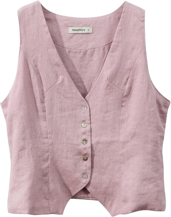 Amazhiyu Women's Pure Linen Button Down Crop Waistcoat