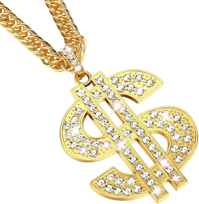 Gold Chain with Dollar Sign Necklaces for Men Hip Hop Jewelry Men Money Big Chains Circle Dollar Rotatable Silver Pendant Rapper Necklace 28 Inch Length