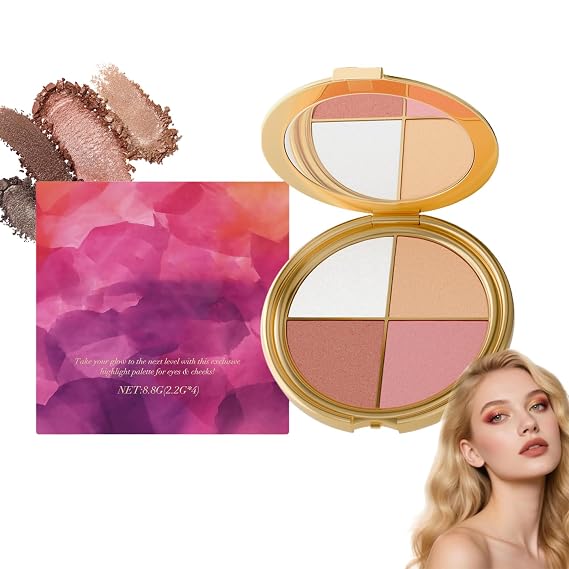 Glowjiu Glow Gallery Highlighting Eye & Cheek Palette, Glowjiu Highlighting Eye & Cheek Palette - Eyeshadow and Highlighter Makeup, 4-In-1 Highlight Shades Makeup for Blush (1Pcs)