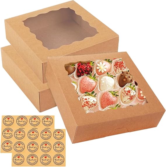 30 Pack Cardboard Bakery Boxes with Window 8x8x2.5 Inch, Pie Boxes Brown Donut Boxes, Cookie Boxes for Strawberries, Cakes, Cupcakes, Pastries, Pies, Donuts, Cookies, Muffins, Chocolates