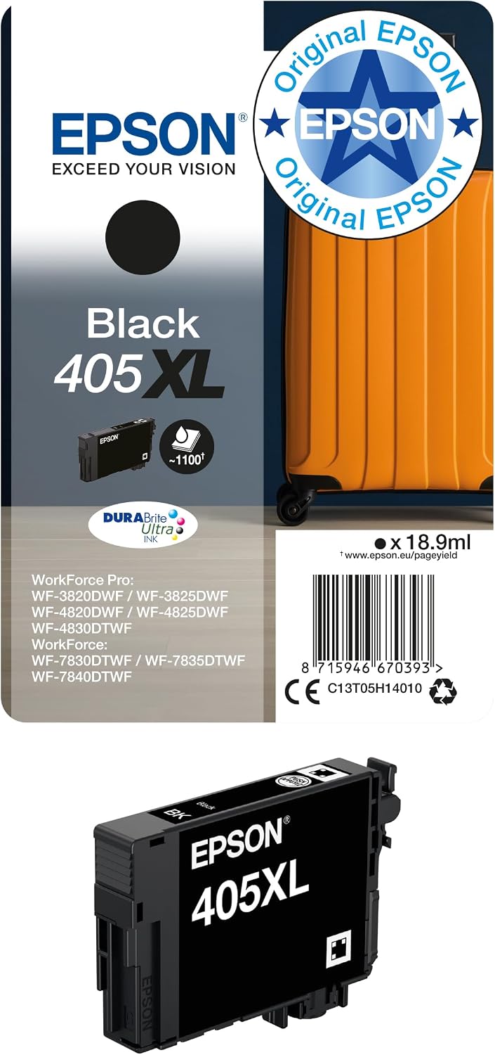 Epson Orginal 405XL Tinte Koffer Singlepack schwarz XL WF-3820DWF WF-3825DWF WF-4820DWF WF-4825DWF WF-4830DTWF WF-7830DTWF WF-7835DTWF WF-7840DTWF DURABrite Ultra Ink ReadyPrint Flex-Tintentarife