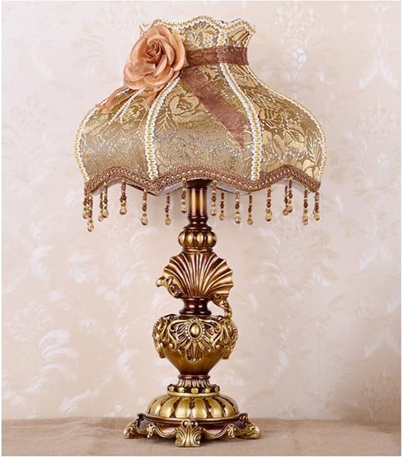 Traditional Table Lamp Brown, Hand-Made Lace Fabric Lampshade Antique Painted Resin Lamp Body Small Lamp for Living Room Bedroom,13" W, 22" H. (A1)
