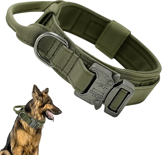 Tactical Dog Collar, Padded Breathable Soft Nylon Pet Collar with Heavy-Duty Metal Buckle, Adjustable Basic Military Dog Collar with Handle for Medium Large Dogs (L, Green)