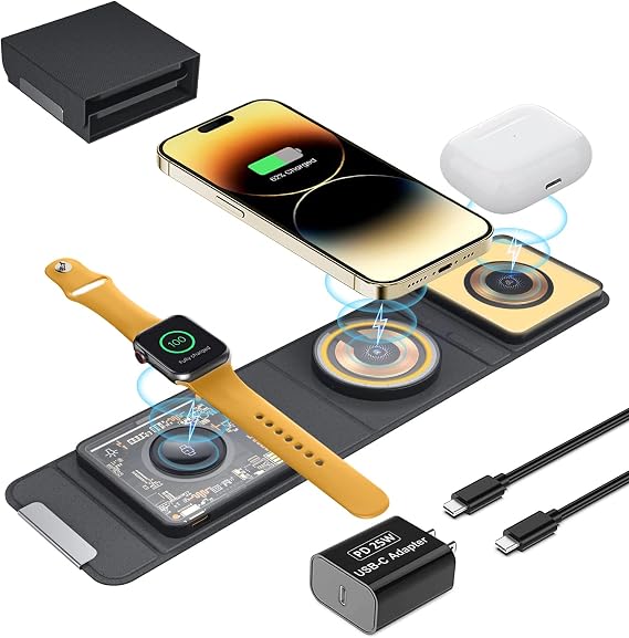 Mag-Safe 3 in 1 Charging Station for Apple, [with 25W Adapter] Foldable Magnetic Wireless Charger, 15W Fast Charging Pad Travel Charger for Multple Devices for iPhone 15 14 13 12, Apple Watch, AirPods