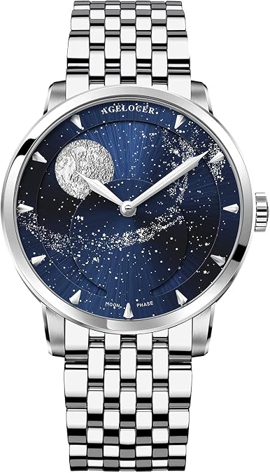 AGELOCER Men's Top Brand Blue Moon Phase Luxury Dress Mechanical Masculine Fashion Wrist Watch Stainless Steel Band