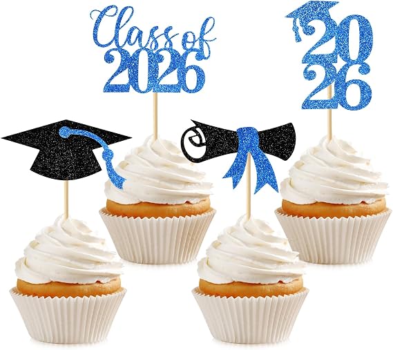 36 Pcs 2026 Graduation Cupcake Toppers Glitter Cupcake Picks Class Of 2026 Grad Cap Diploma Cupcake Toppers for Graduation Theme Party Cupcake Decorations Supplies Blue