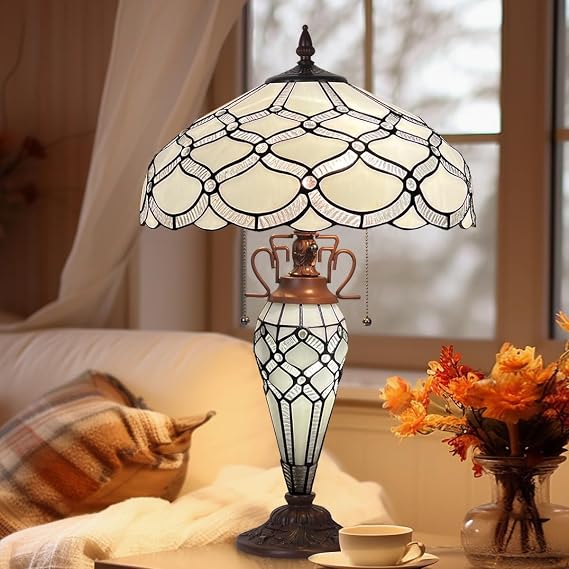 Tiffany Table Lamp with Nightlight,16 inch Large Stained Glass Table Light,Antique Style White 3-Lights Desk Lamp for Living Room Bedroom Office
