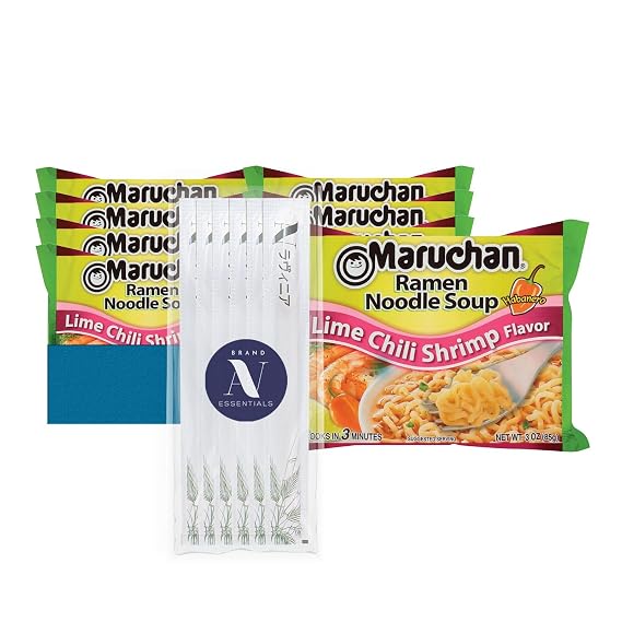 Maruchan - Lavinia Essentials Bundle: 24-Pack of Lime Chili Shrimp Instant Ramen Noodles 3 oz Pack + 1 Utility Prop.