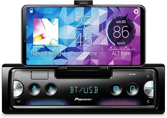 Pioneer SPH-10BT 1-Din Smart Sync Car Stereo with Bluetooth | Smart Sync Receiver, Phone Mount, Color Change, USB, 50W x 4 Output, 13-Band EQ, AM/FM, Front/Rear/SW Selectable RCA Preout