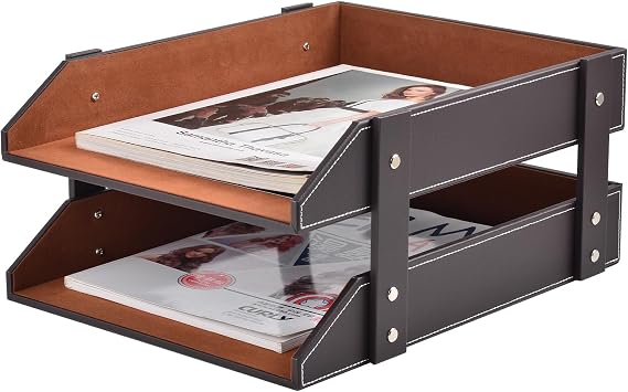 Leather Letter Tray Desk Organiser Letter Trays & Stacking Systems for Desk A4 Stackable Storage Compartments for Letters Paper Holder Post Baskets Magazines 2 Rooms Brown