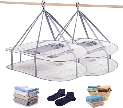 2 Tier Folding Mesh Clothes Drying Rack with Internal Fixation Stackable Sweater Drying Rack Portable Hanging Laundry Rack for Sweater,T-Shirt,Delicates,Swimsuit 2 Pack