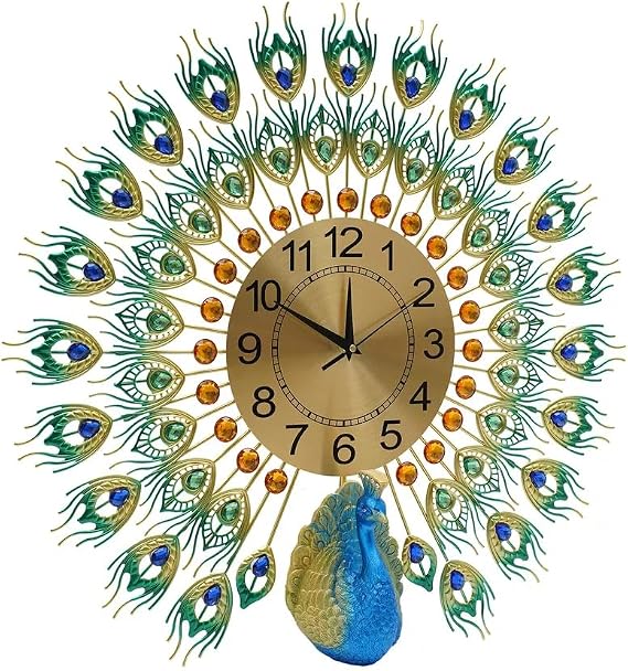 Wall Clock Metal Silent Clock Peacock Design Bedroom Kitchen Clock Quartz Non-Ticking Modern Wall Clocks for Living Room, Kitchen, Office