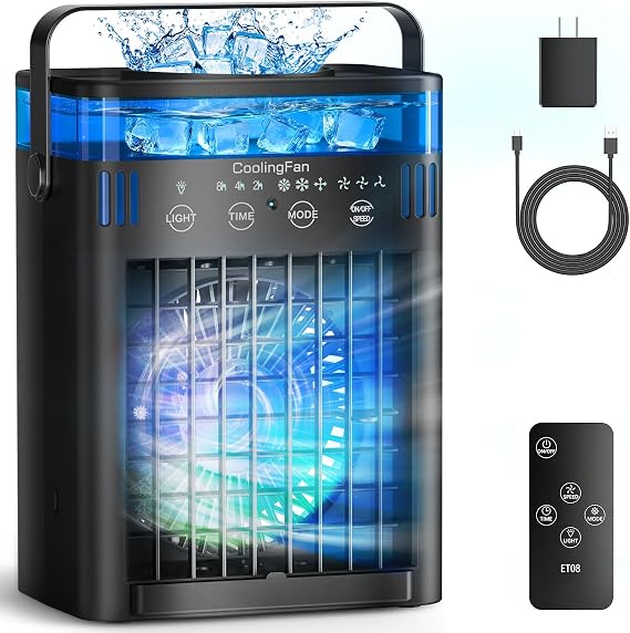 Portable Air Conditioner Mini Desktop AC Fan with Remote, 1000ml Water Tank