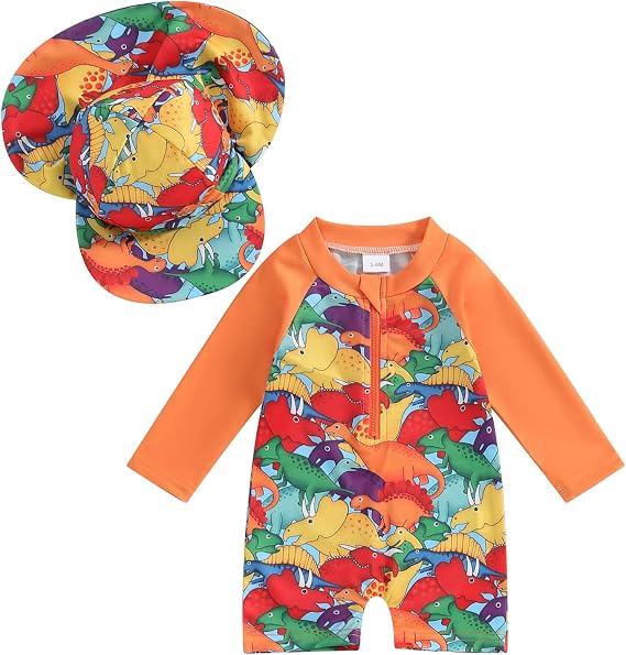 Socutebabe Toddler Infant Baby Boys Swimsuit Kids Rash Guard One Piece Newborn Zipper Bathing Suit Swimwear with Hat