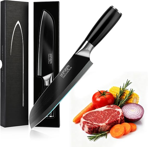 8"/20cm Santoku Knife, Japanese Hand Forged Chefs Knife High Carbon Steel Core with Wood Ergonomic Handle, Gift Box & Knife Sheath (Black)