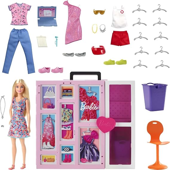 Barbie Doll and Dream Closet Set with Clothes and Accessories, 30+ Pieces and 15+ Storage Areas, HGX57